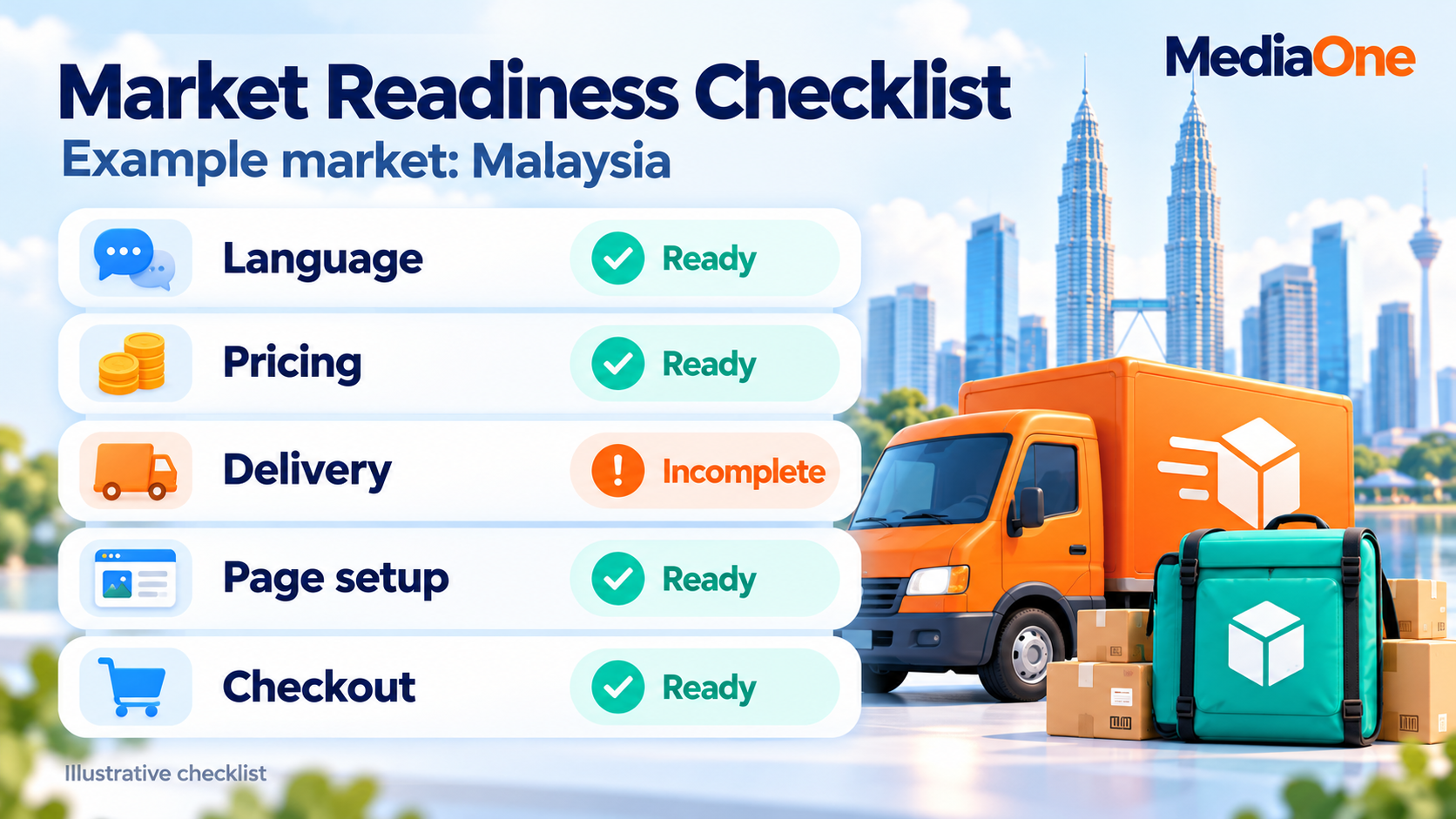 International eCommerce SEO: How to Rank Your Online Store Across Multiple Markets 1 Malaysia market readiness checklist showing language, pricing, page setup and checkout ready, with delivery incomplete