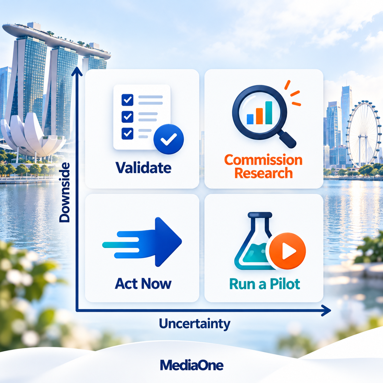 Marketing Research in Singapore: How to Scope, Commission and Choose a Research Partner 1 Marketing research Singapore decision matrix showing when to validate, commission research, act now or run a pilot based on uncertainty and downside