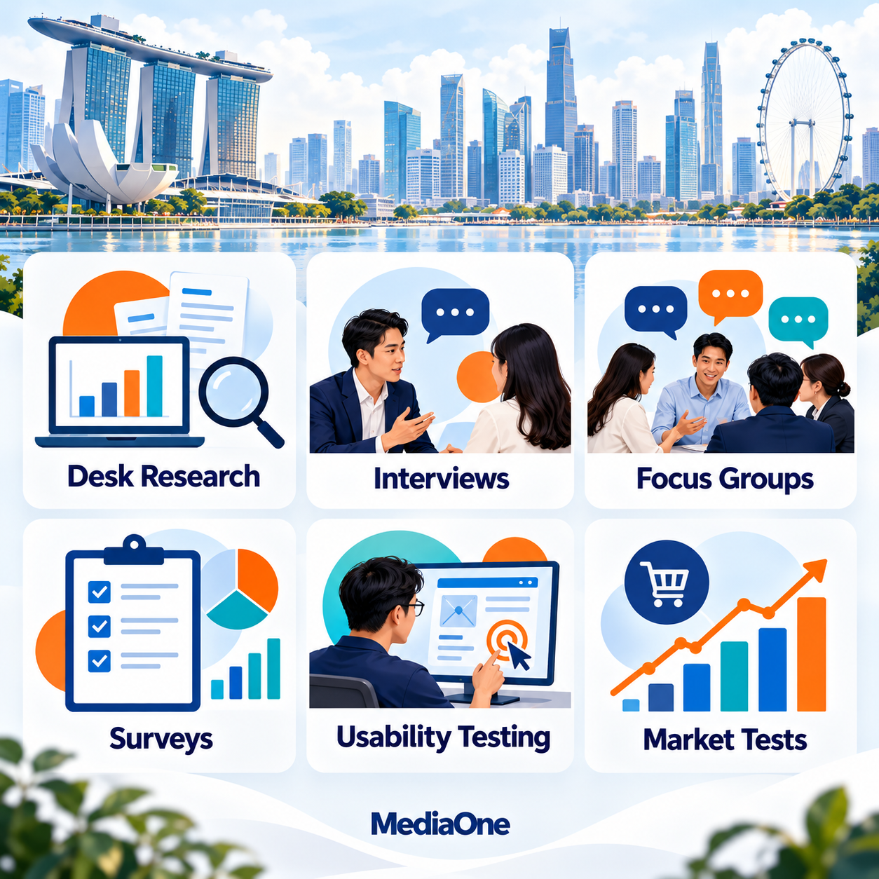 Marketing Research in Singapore: How to Scope, Commission and Choose a Research Partner 2 Marketing research Singapore methods including desk research, interviews, focus groups, surveys, usability testing and market tests