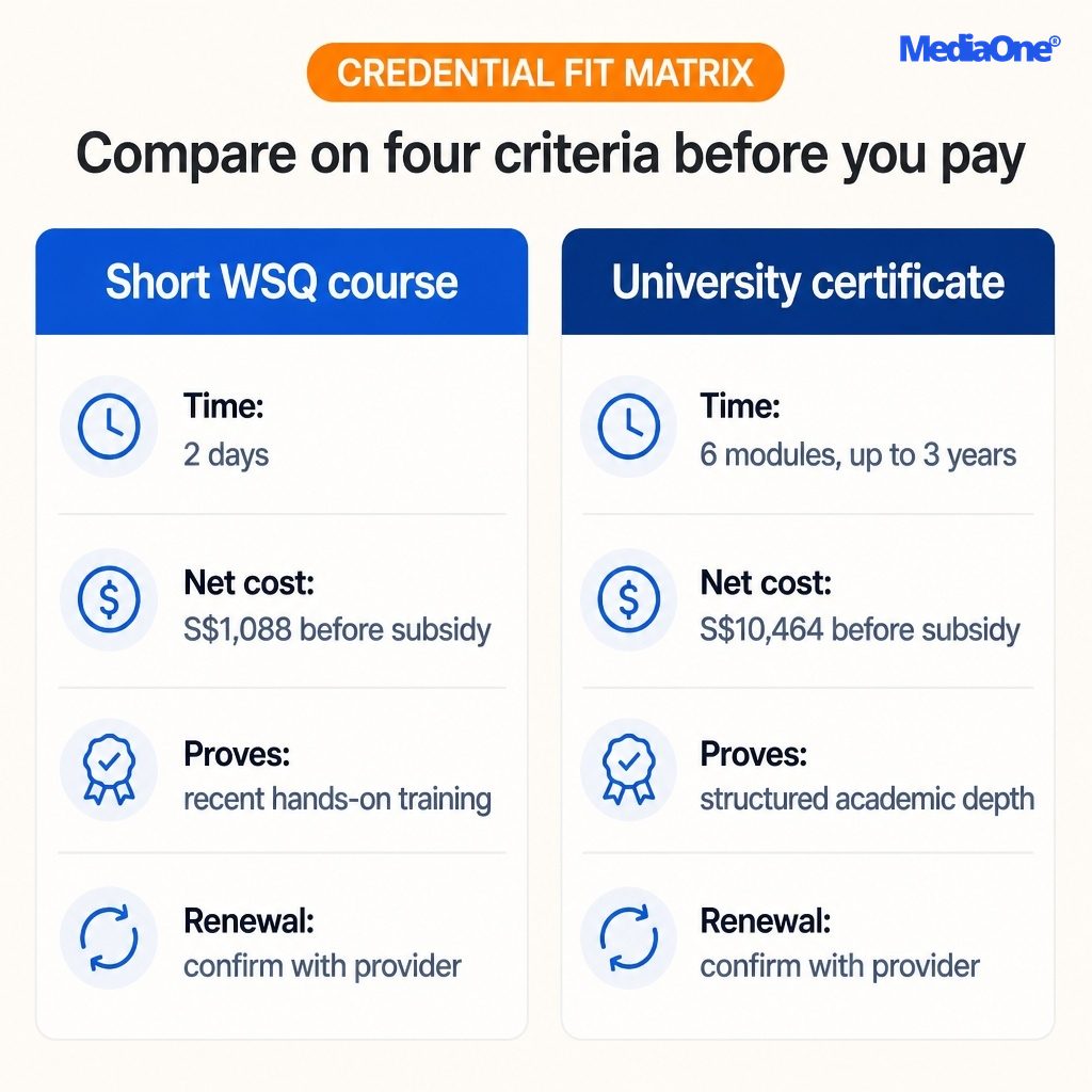 Digital Marketing Certificate in Singapore (2026): What It Is, What It Costs and Whether It Pays Off 2 credential fit matrix to check for a better digital marketing certificate