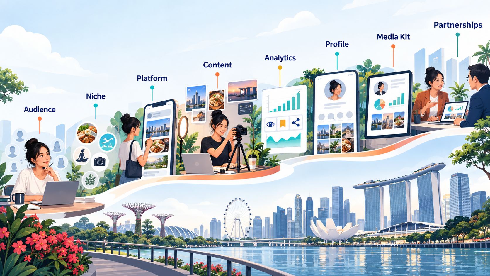 What Is a Social Media Microinfluencer and How Do You Become One in Singapore? 2 Microinfluencer growth path showing audience, niche, platform, content, analytics and partnerships