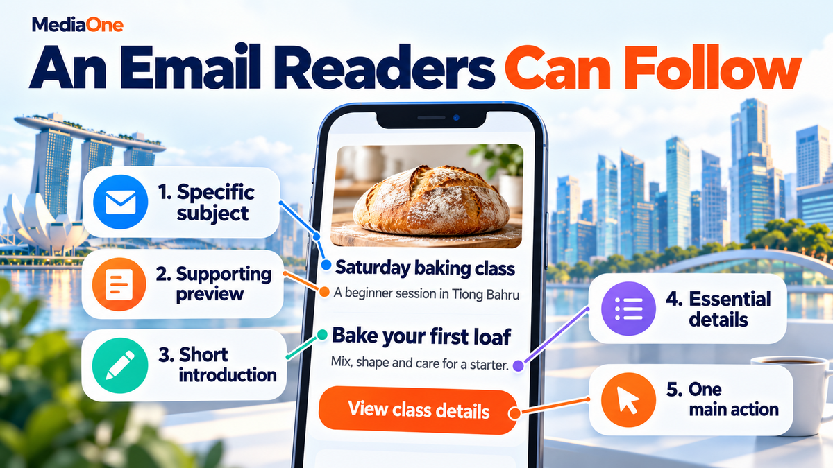 eDM Marketing in Singapore: A Practical Guide for 2026 2 Mobile baking class email with labels for the subject, preview, introduction, details and main action button