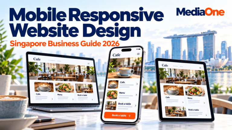 Mobile responsive website design shown on a laptop, tablet and phone displaying a café website.