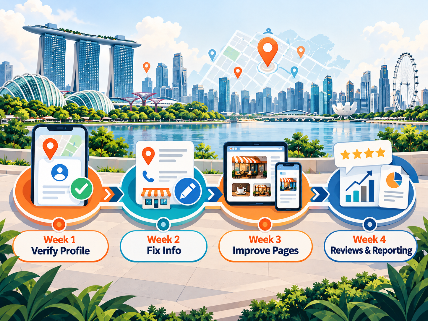 Near Me SEO: How Singapore Businesses Win "Near Me" Searches in 2026 3 Near Me SEO 30-day action plan for Singapore businesses covering profile verification, business information, local page improvements, reviews and reporting