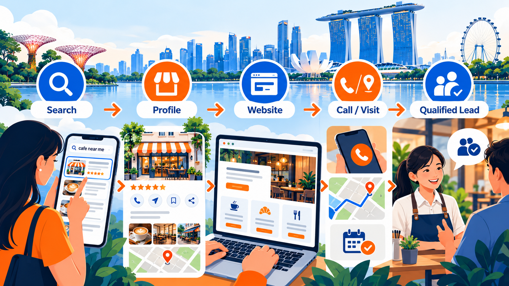 Near Me SEO in Singapore: Turn Nearby Searches into Calls and Visits in 2026 3 Near me SEO customer journey showing how local searches lead from business profiles and websites to calls, visits, and qualified leads