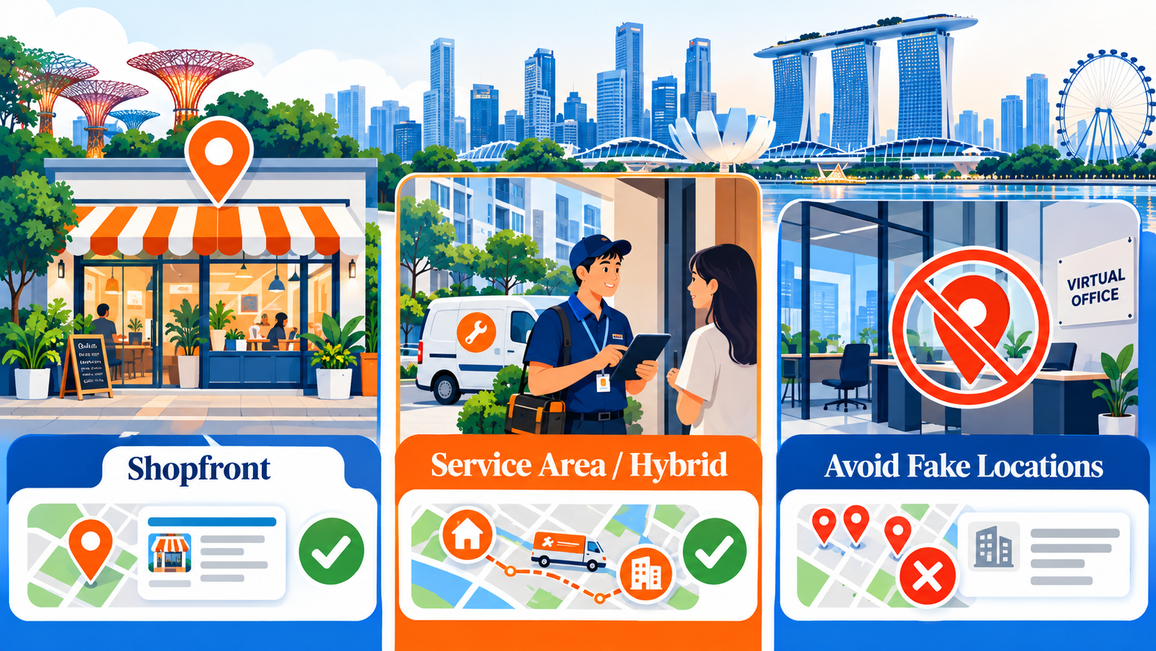 Near Me SEO in Singapore: Turn Nearby Searches into Calls and Visits in 2026 2 Near me SEO location setup showing storefront and service-area businesses, with a warning to avoid fake or virtual office locations