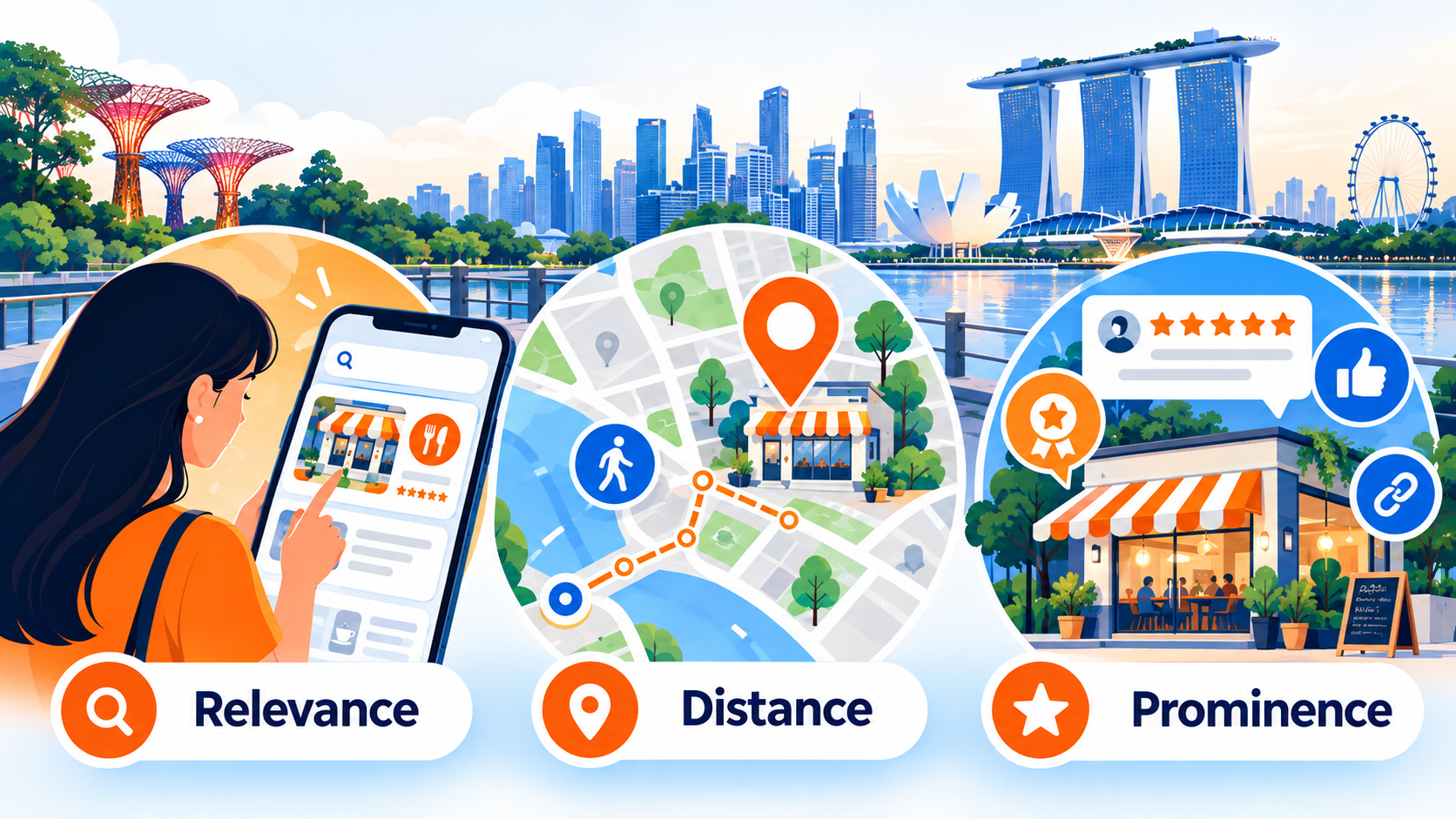 Near Me SEO in Singapore: Turn Nearby Searches into Calls and Visits in 2026 1 Near me SEO ranking factors in Singapore showing relevance, distance, and prominence for local search visibility