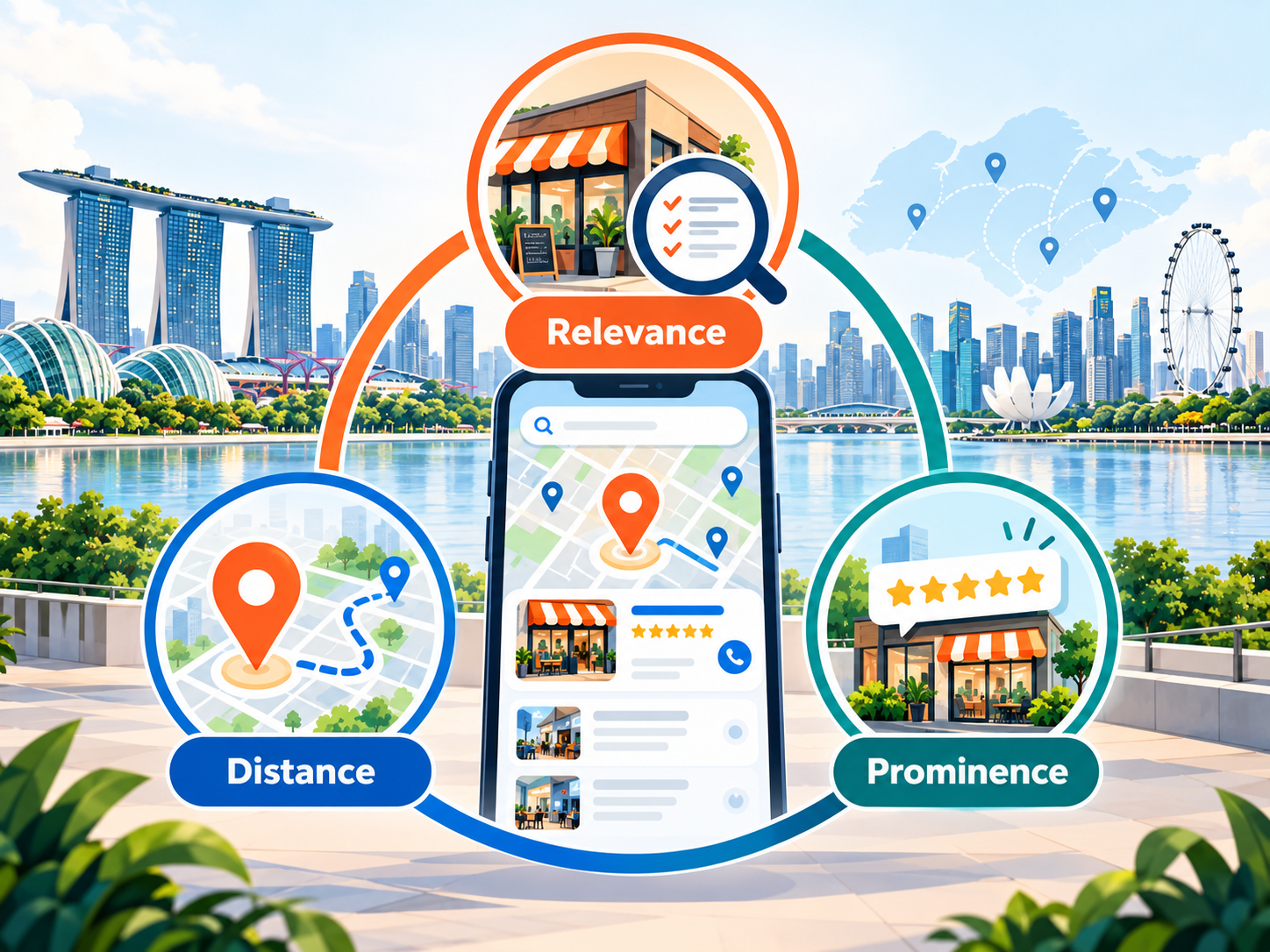 Near Me SEO: How Singapore Businesses Win "Near Me" Searches in 2026 1 Near Me SEO ranking factors showing relevance, distance and prominence for local search visibility in Singapore