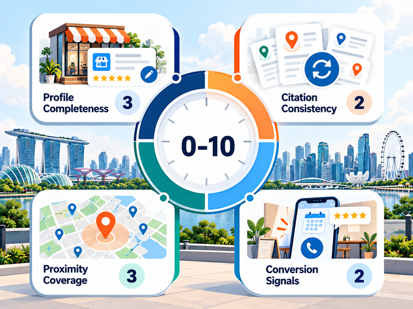 Near Me SEO: How Singapore Businesses Win "Near Me" Searches in 2026 2 Near Me SEO scorecard evaluating profile completeness, citation consistency, proximity coverage and conversion signals for Singapore businesses