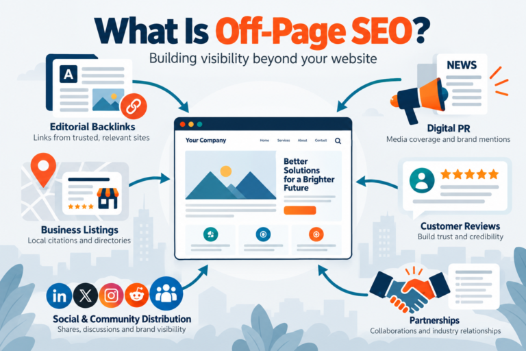 Off-page SEO strategies including backlinks, digital PR, business listings, customer reviews, social distribution, and partnerships
