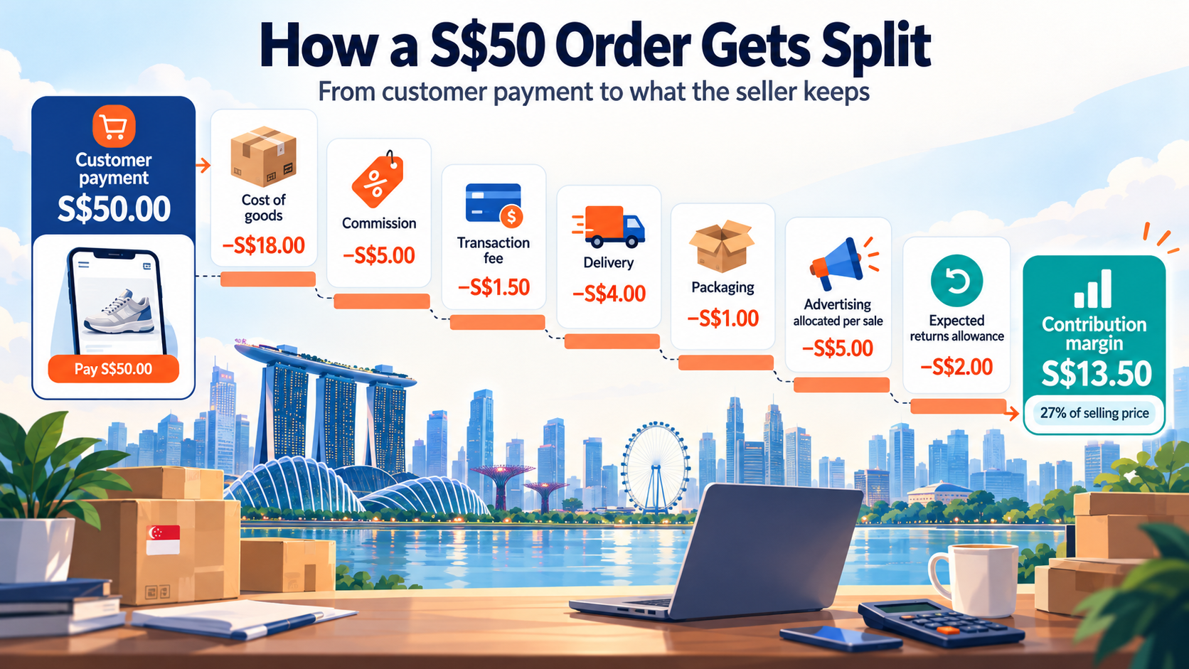 Online Shopping Platforms in Singapore (2026): How to Choose, Compare and Sell Across the Region 2 Online shopping platforms in Singapore 2026 showing how a S$50 order is split across costs, fees and contribution margin