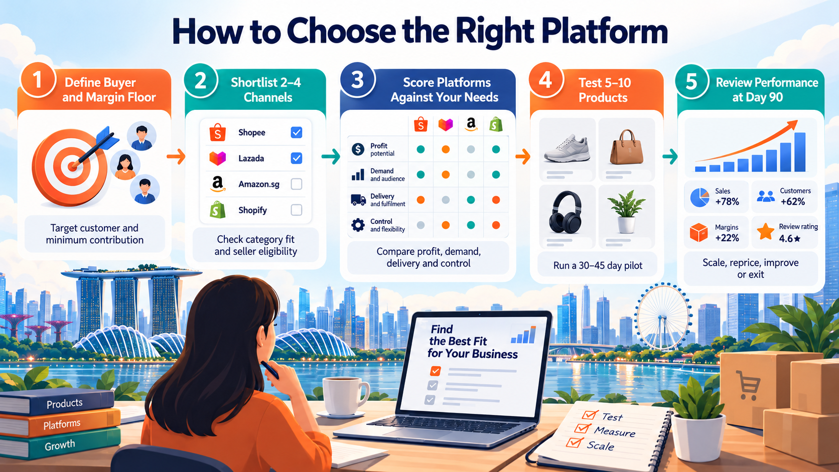 Online Shopping Platforms in Singapore (2026): How to Choose, Compare and Sell Across the Region 3 Online shopping platforms in Singapore 2026 showing a five-step framework for choosing and testing the right platform