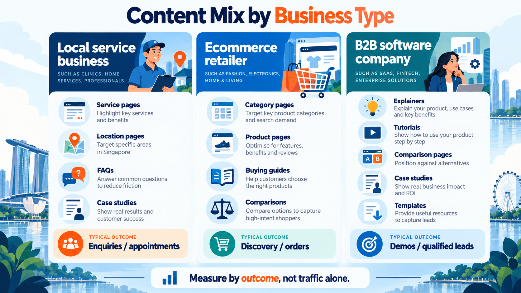 SEO Content Types in Singapore: 12 Formats That Match Search Intent in 2026 3 SEO content types for local service, ecommerce, and B2B software businesses in Singapore, with recommended formats and typical outcomes