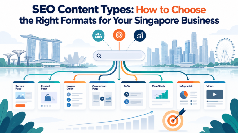 SEO content types for Singapore businesses, including service pages, product pages, how-to guides, comparison pages, FAQs, case studies, infographics, and videos