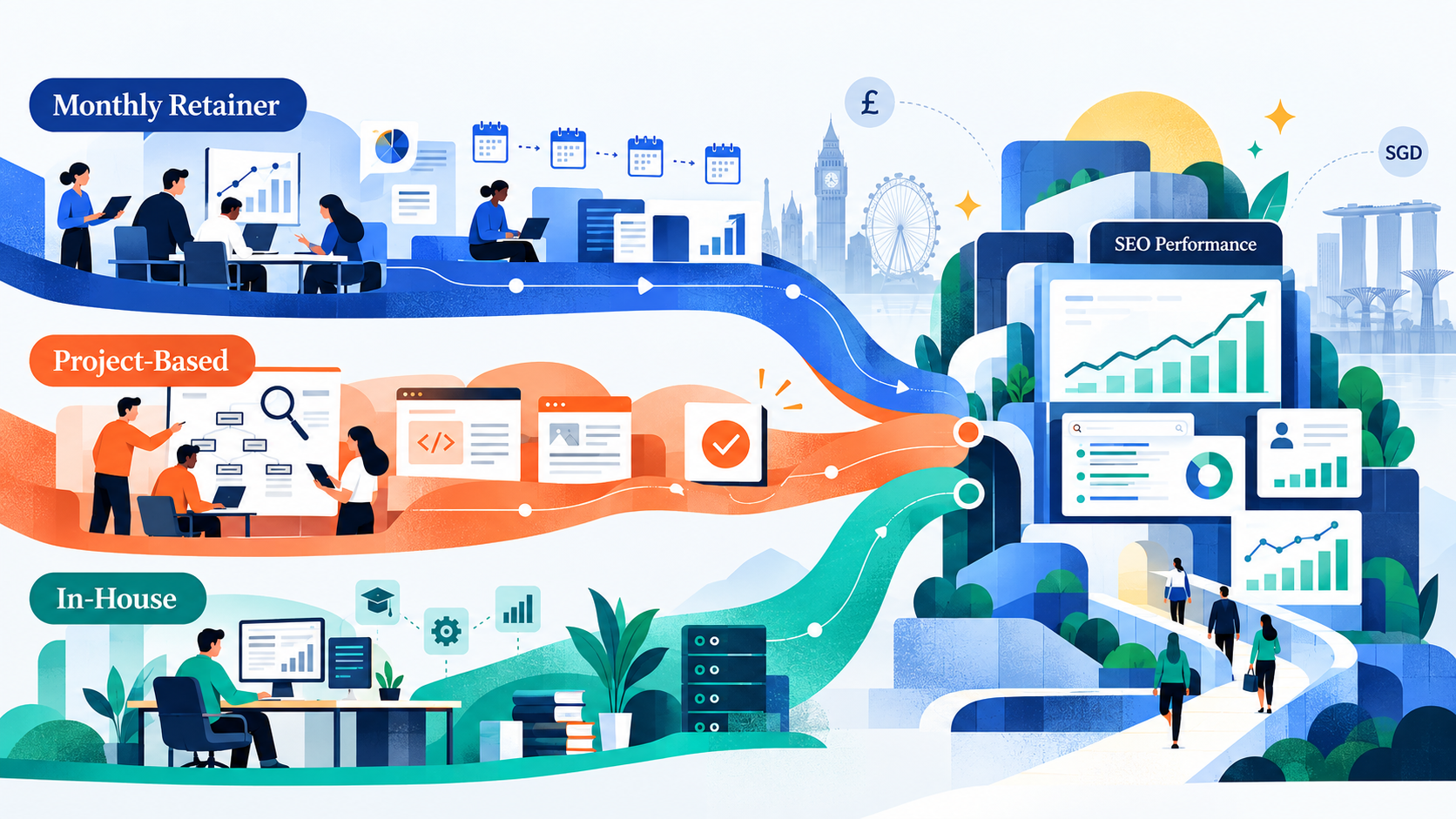 How Much Does SEO Cost? Pricing Models & True ROI for UK & International Markets (2024) 1 SEO cost comparison for monthly retainers, project-based work and in-house teams