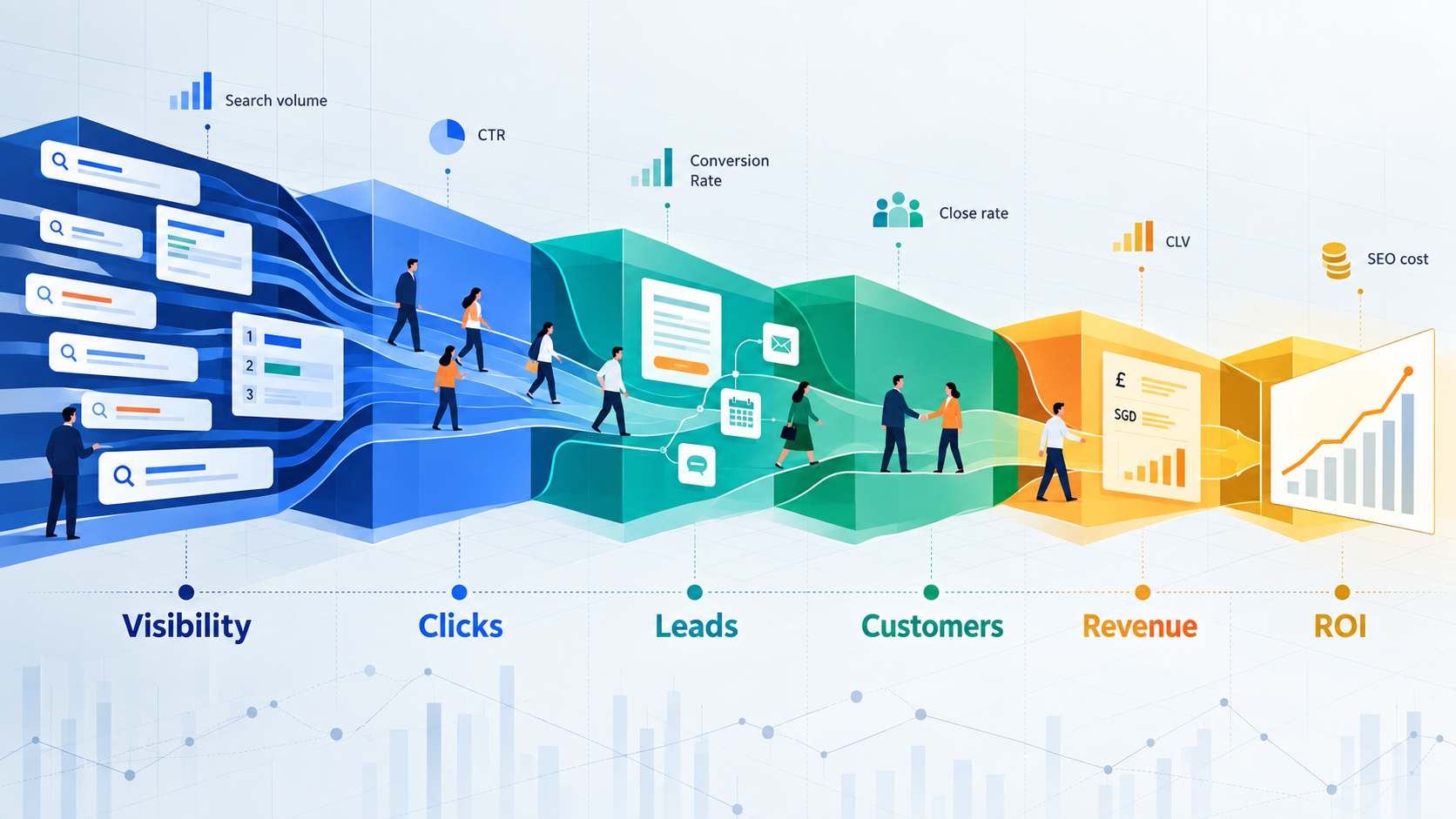 How Much Does SEO Cost? Pricing Models & True ROI for UK & International Markets (2024) 2 SEO cost and ROI journey from visibility to revenue