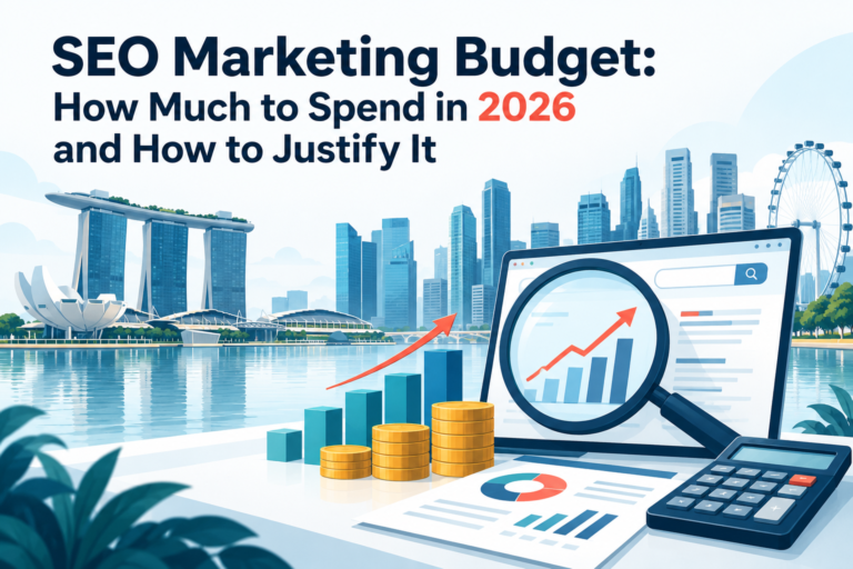 SEO marketing budget planning for 2026 showing SEO investment, performance growth, analytics, and cost calculation for Singapore businesses