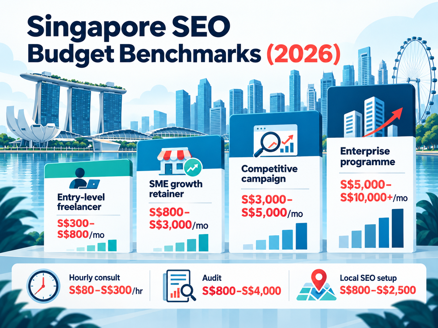 SEO Marketing Budget: How Much to Spend in 2026 and How to Justify It 1 SEO marketing budget benchmarks in Singapore for 2026, comparing freelancer, SME, competitive campaign and enterprise SEO costs
