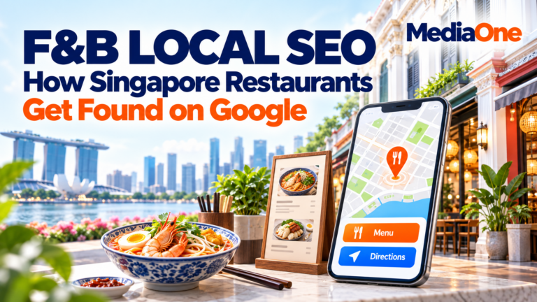 F&B local SEO illustrated with Singapore restaurants, a noodle bowl and a phone showing a map and directions