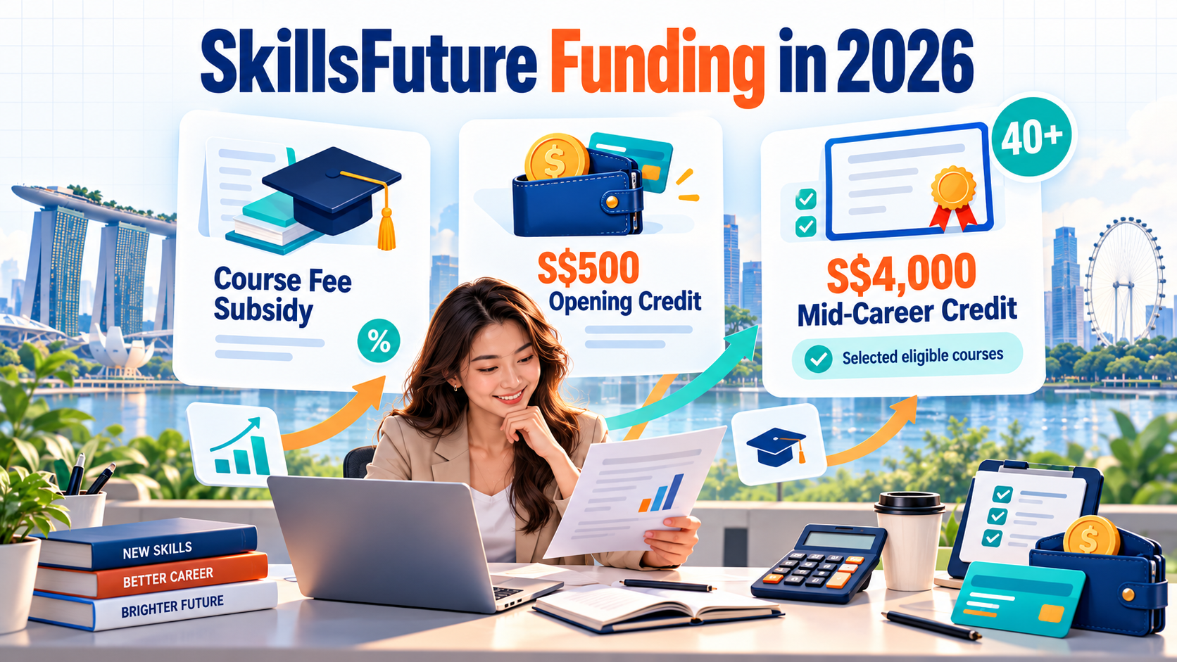 SkillsFuture Marketing Courses in Singapore (2026): Funding, Course Types and How to Choose 2 SkillsFuture marketing courses in Singapore showing 2026 course fee subsidy, S$500 opening credit and S$4,000 mid-career credit