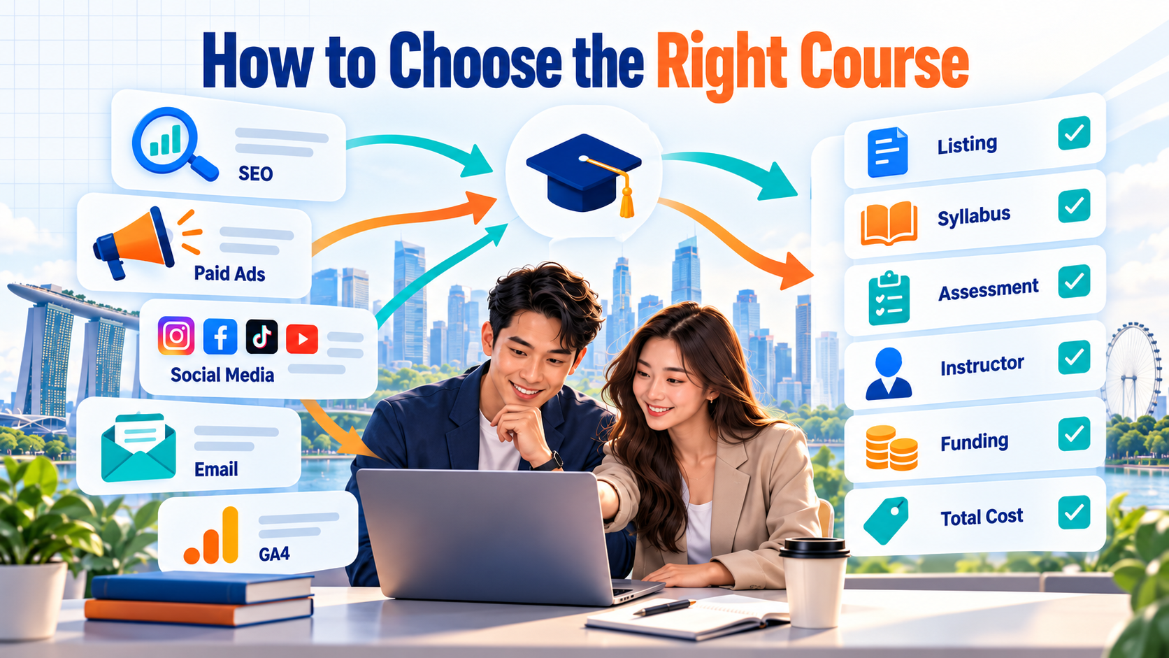 SkillsFuture Marketing Courses in Singapore (2026): Funding, Course Types and How to Choose 3 SkillsFuture marketing courses in Singapore showing how to choose a course by topic, syllabus, instructor, funding and total cost