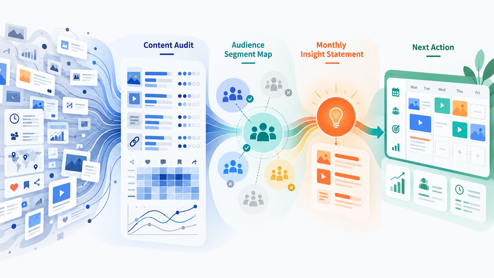 Social Media Insights: What They Are, Where to Find Them, and How to Act on Them 3 Social media insights workflow from content audit to next action