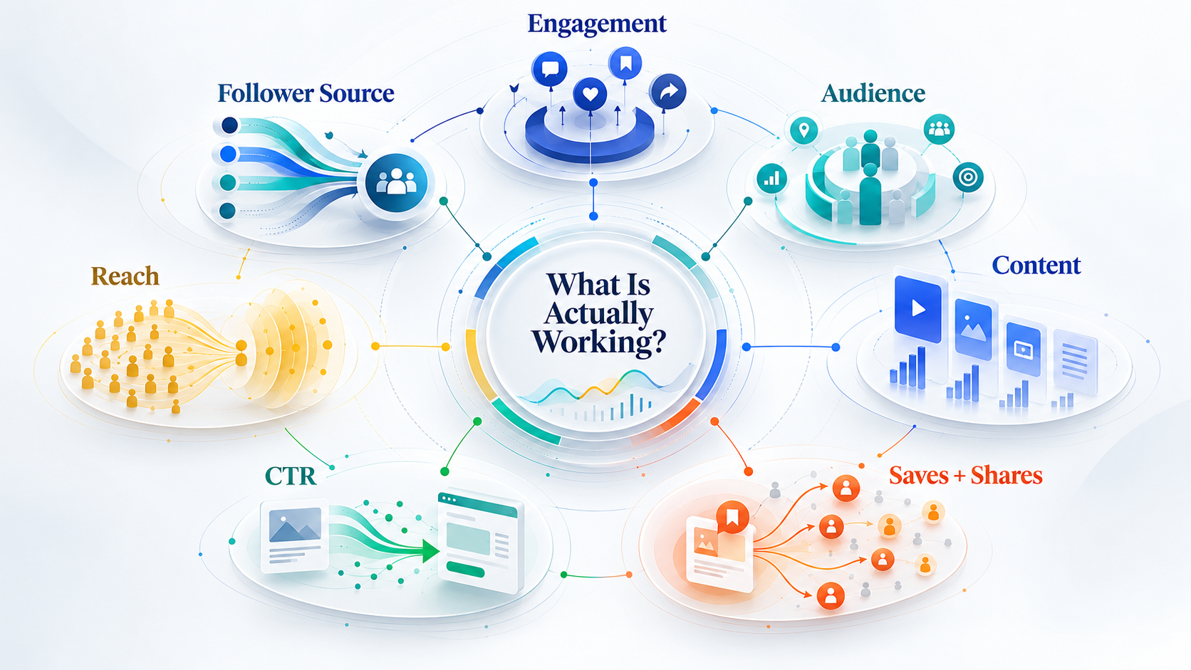 Social Media Insights: What They Are, Where to Find Them, and How to Act on Them 2 Social media insights showing reach, engagement, audience, CTR, content, saves and shares