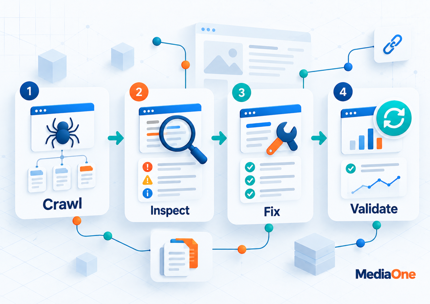Technical SEO Audit: A Practical Guide to Finding and Fixing What Blocks Your Rankings 2 Technical SEO audit process showing crawl, inspect, fix and validate steps