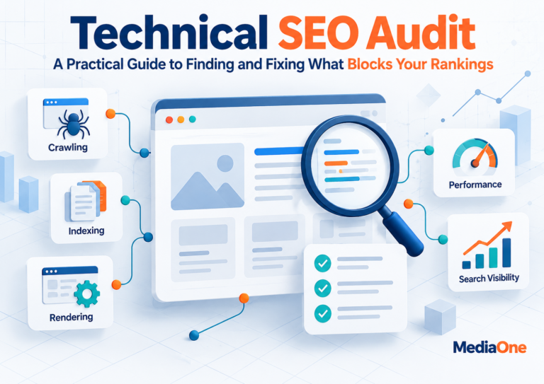 Technical SEO audit covering crawling, indexing, rendering, performance and search visibility
