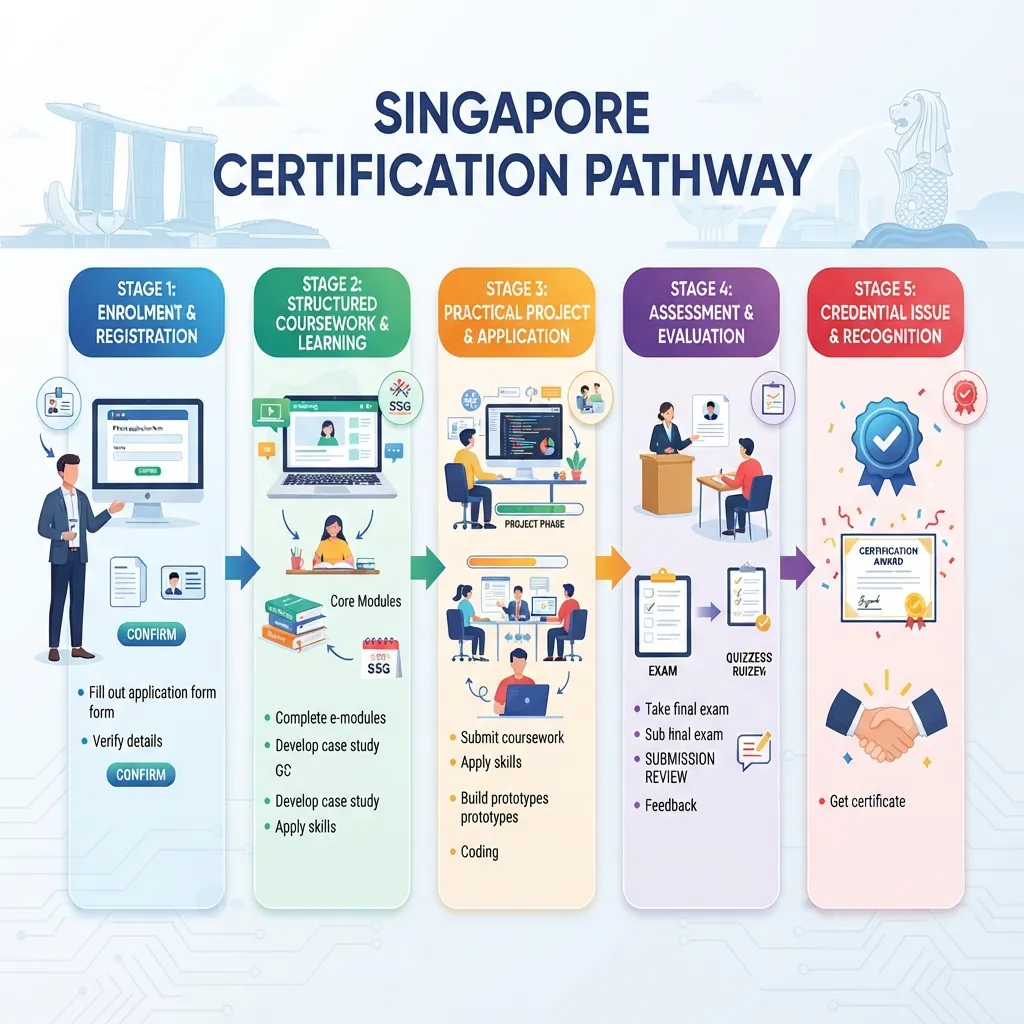 Top Digital Marketing Certifications Singaporeans Should Take in 2026 2 typical certification pathway from enrolment through coursework, practical project, assessment and credential issue