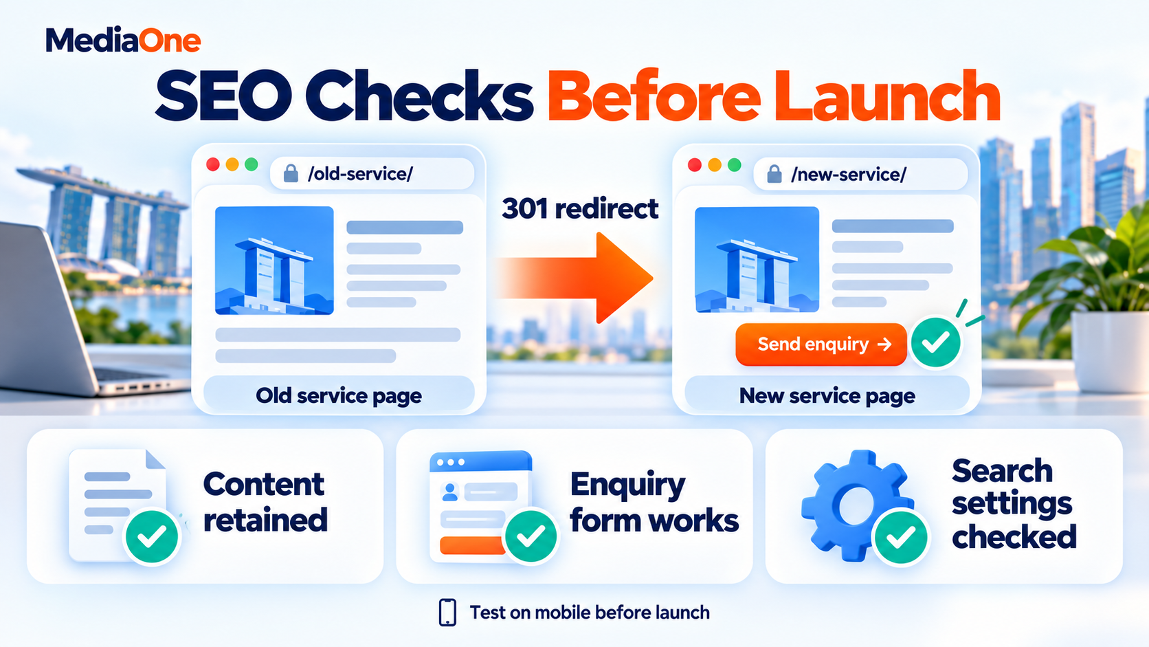 Headless CMS for SEO: What Actually Changes for Search Rankings and What Doesn't 3 A 301 redirect connects old and new service pages, with checks for retained content, working enquiry forms and search settings.