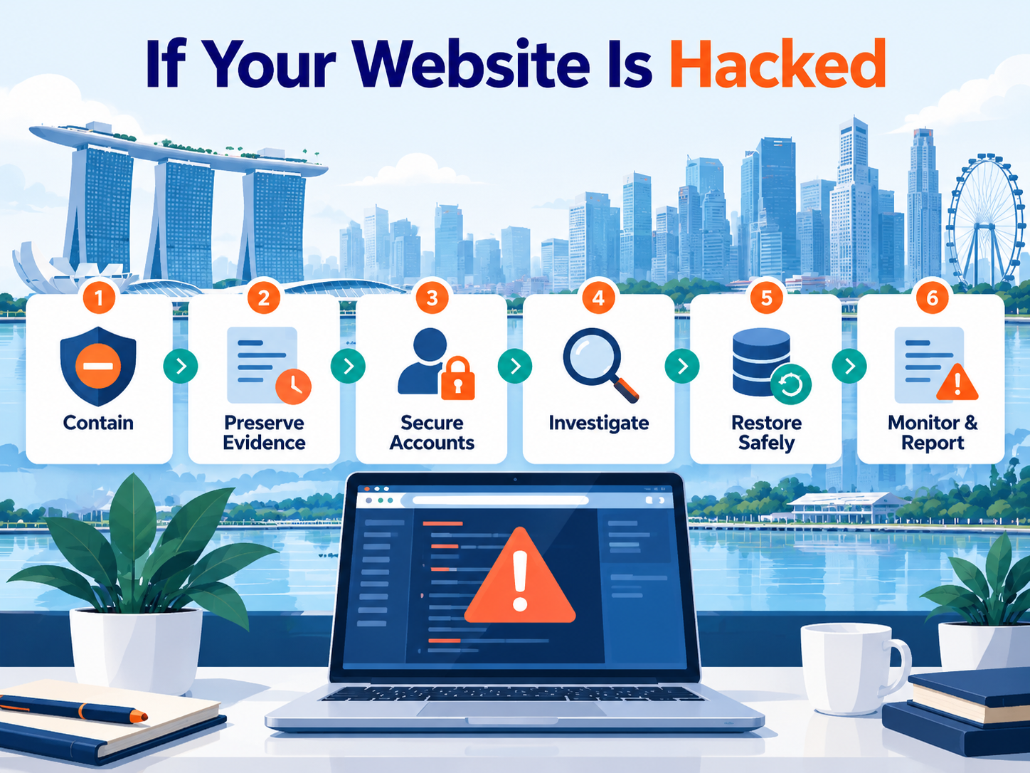 Website Security Tips for Singapore SMEs: Practical Steps to Protect Your Site in 2026 2 Website security tips for Singapore SMEs showing six steps to respond to a hacked website
