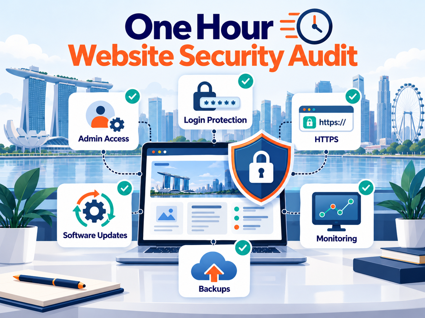 Website Security Tips for Singapore SMEs: Practical Steps to Protect Your Site in 2026 1 Website security tips for Singapore SMEs showing a one-hour audit covering admin access, login protection, HTTPS, updates, monitoring and backups